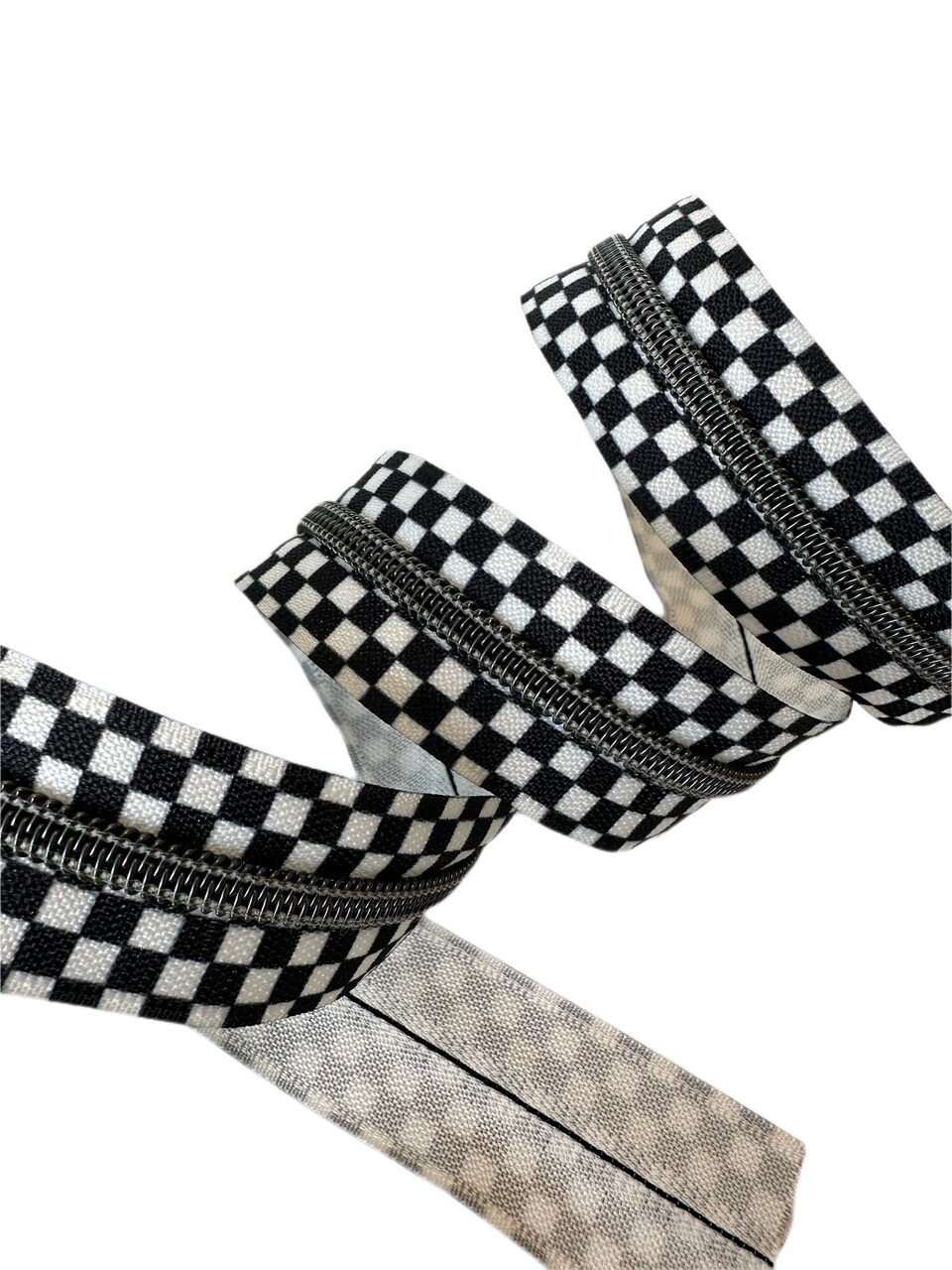 Black and White Checker Tape with Gun Metal Teeth Zipper Tape